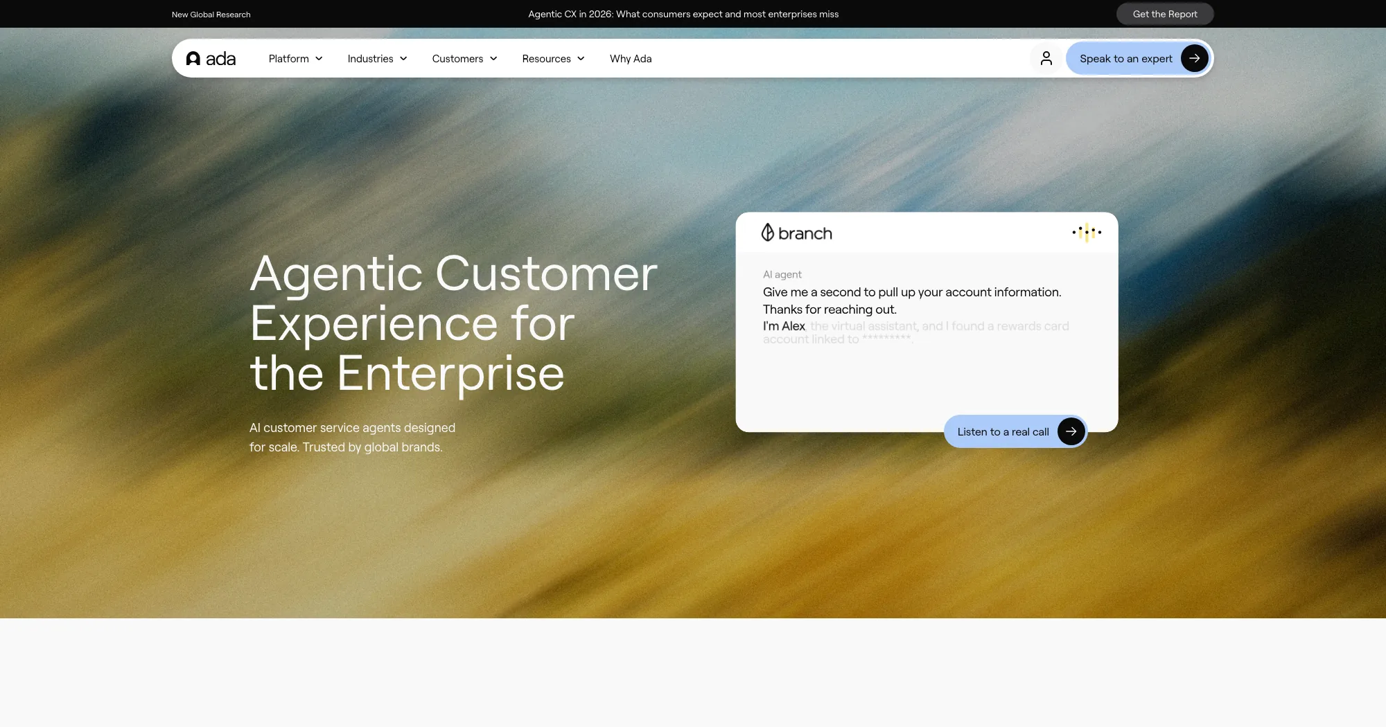 Ada homepage, the AI customer service platform built for enterprise