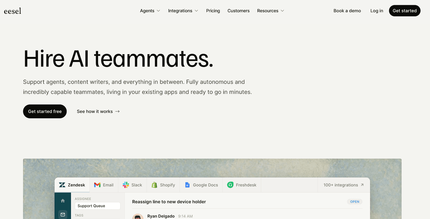 Screenshot of eesel AI's homepage: 'Hire AI teammates'