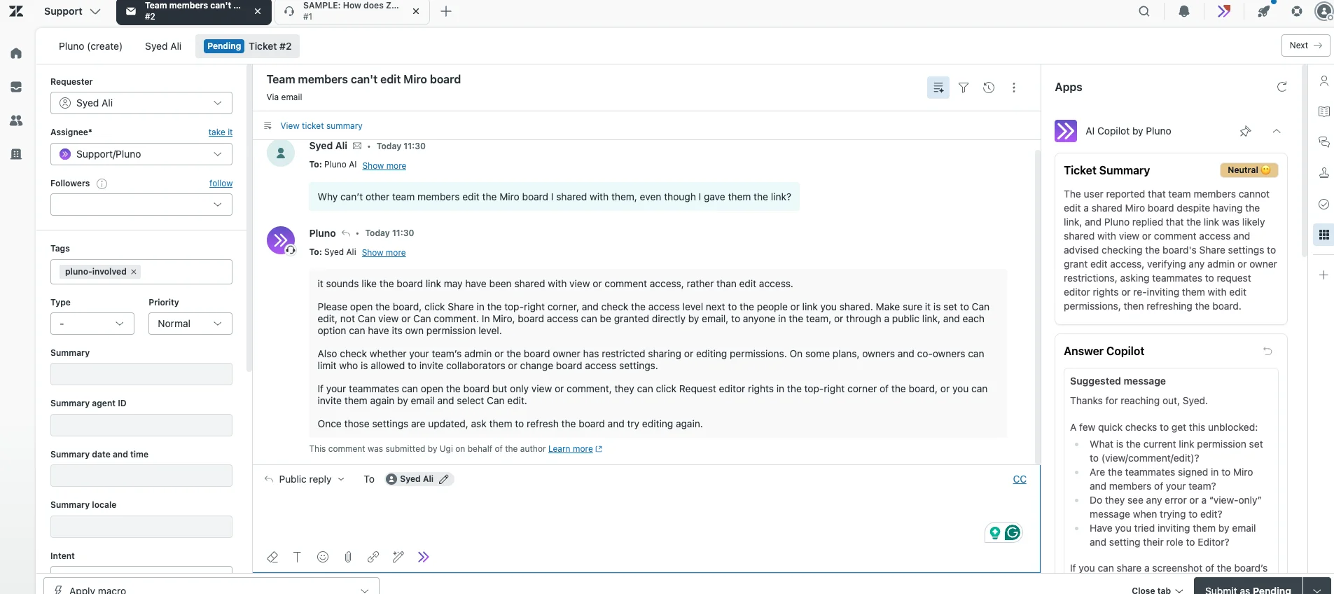 Zendesk vs Pluno - Pluno Copilot AI answer