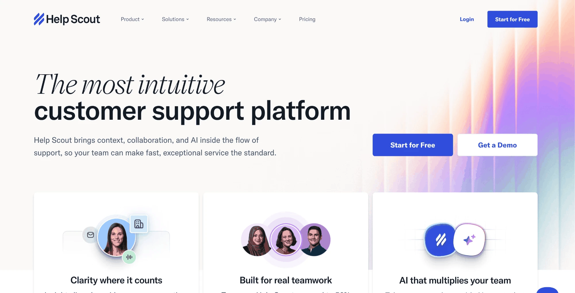 Help Scout homepage — "The most intuitive customer support platform" — with feature cards for clarity, real teamwork, and AI that multiplies your team.