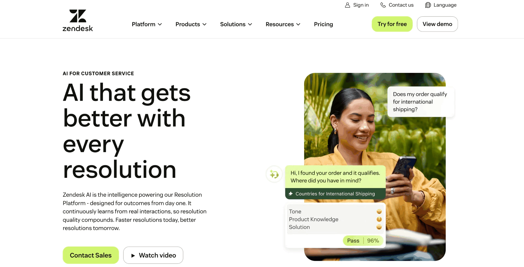 Zendesk AI homepage headlined "AI that gets better with every resolution," showing its Resolution Platform and a live support conversation.