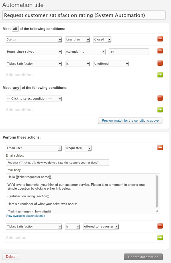 Zendesk automation builder for "Request customer satisfaction rating": conditions include Status less than Closed, Hours since solved (calendar) is 24, and Ticket Satisfaction Unoffered, with an email-the-requester action and a set-satisfaction action.