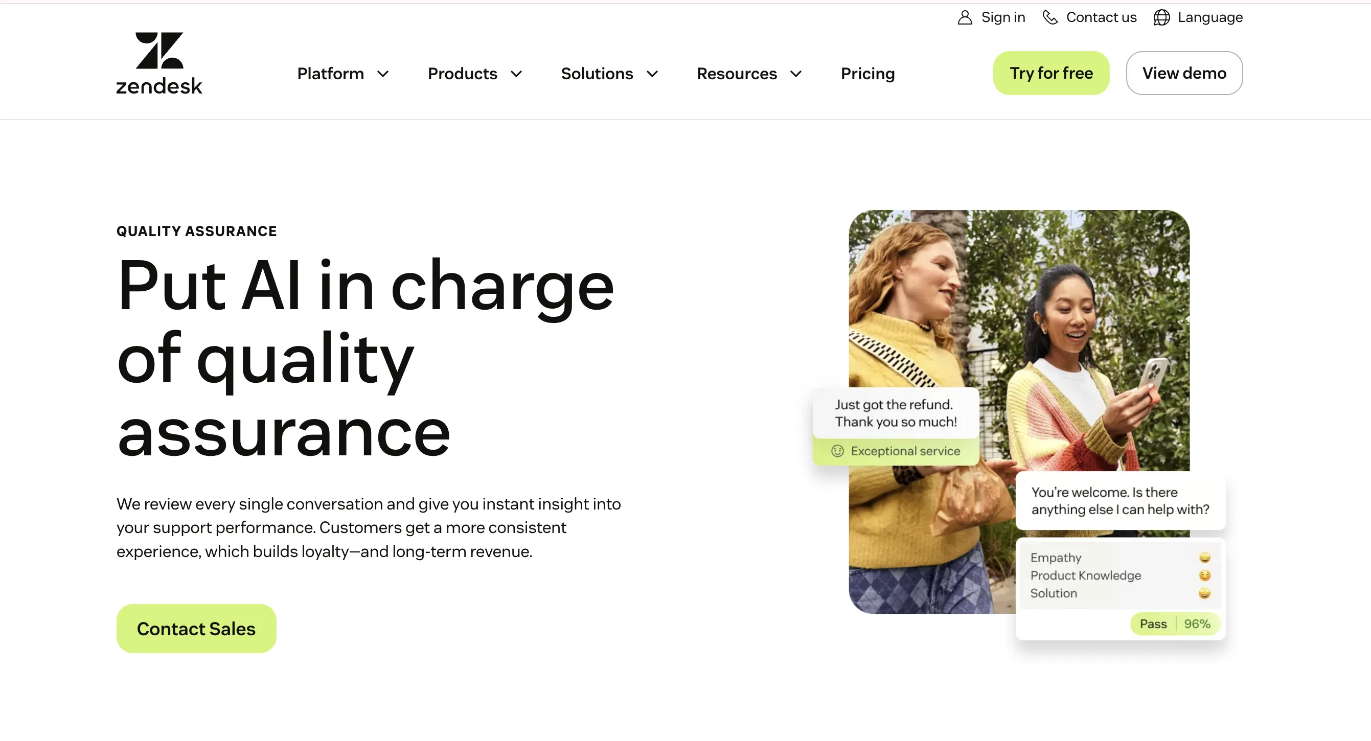 Zendesk QA marketing page, put AI in charge of quality assurance
